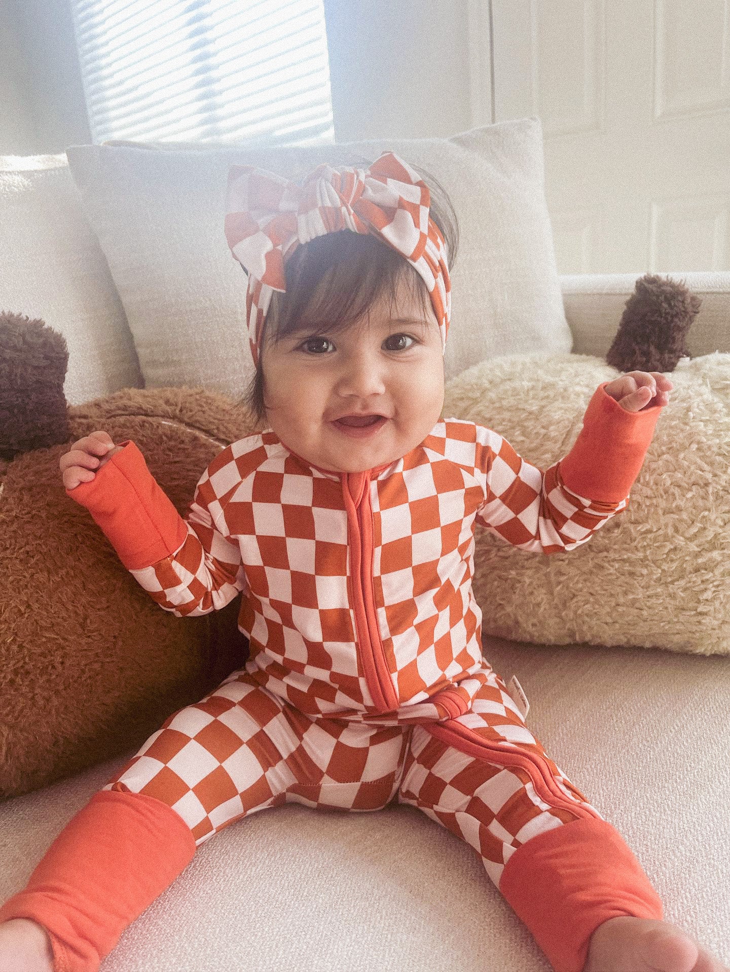 Pink Rust Check Bamboo Romper - Aspen and James Label