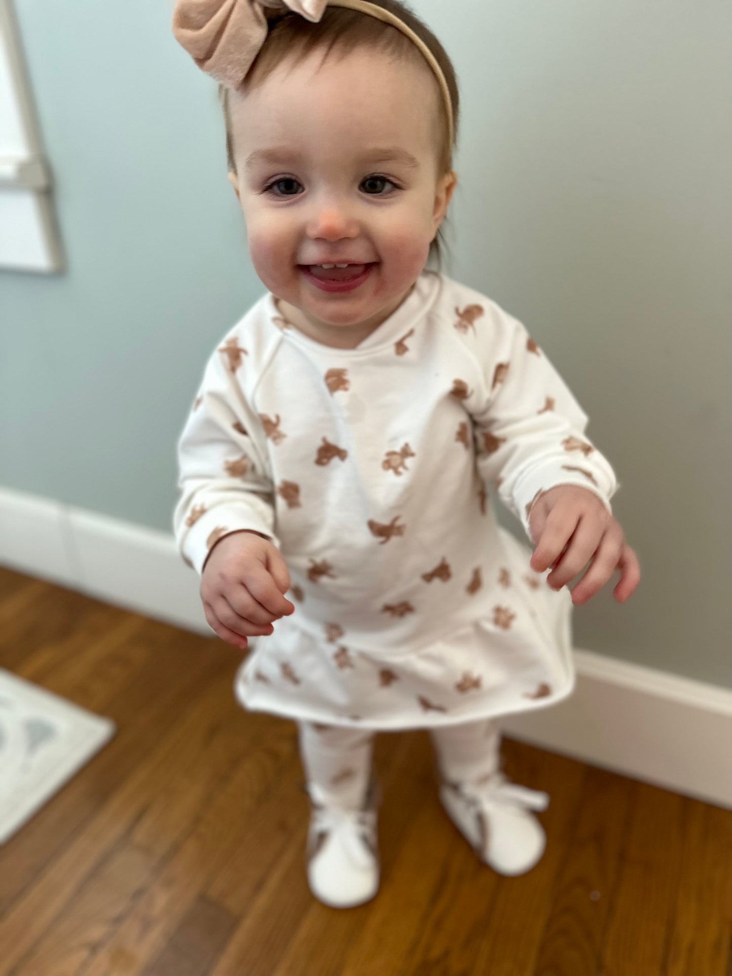 Baby ruffle dress in Teddy Bear