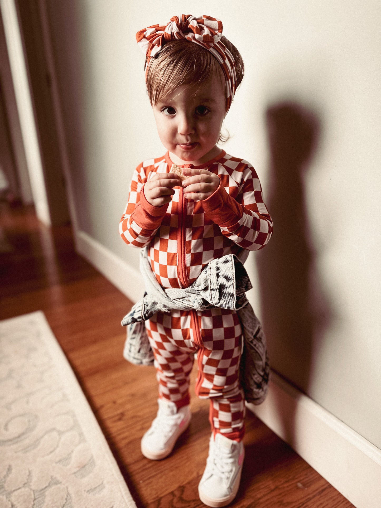 Pink Rust Check Bamboo Romper - Aspen and James Label