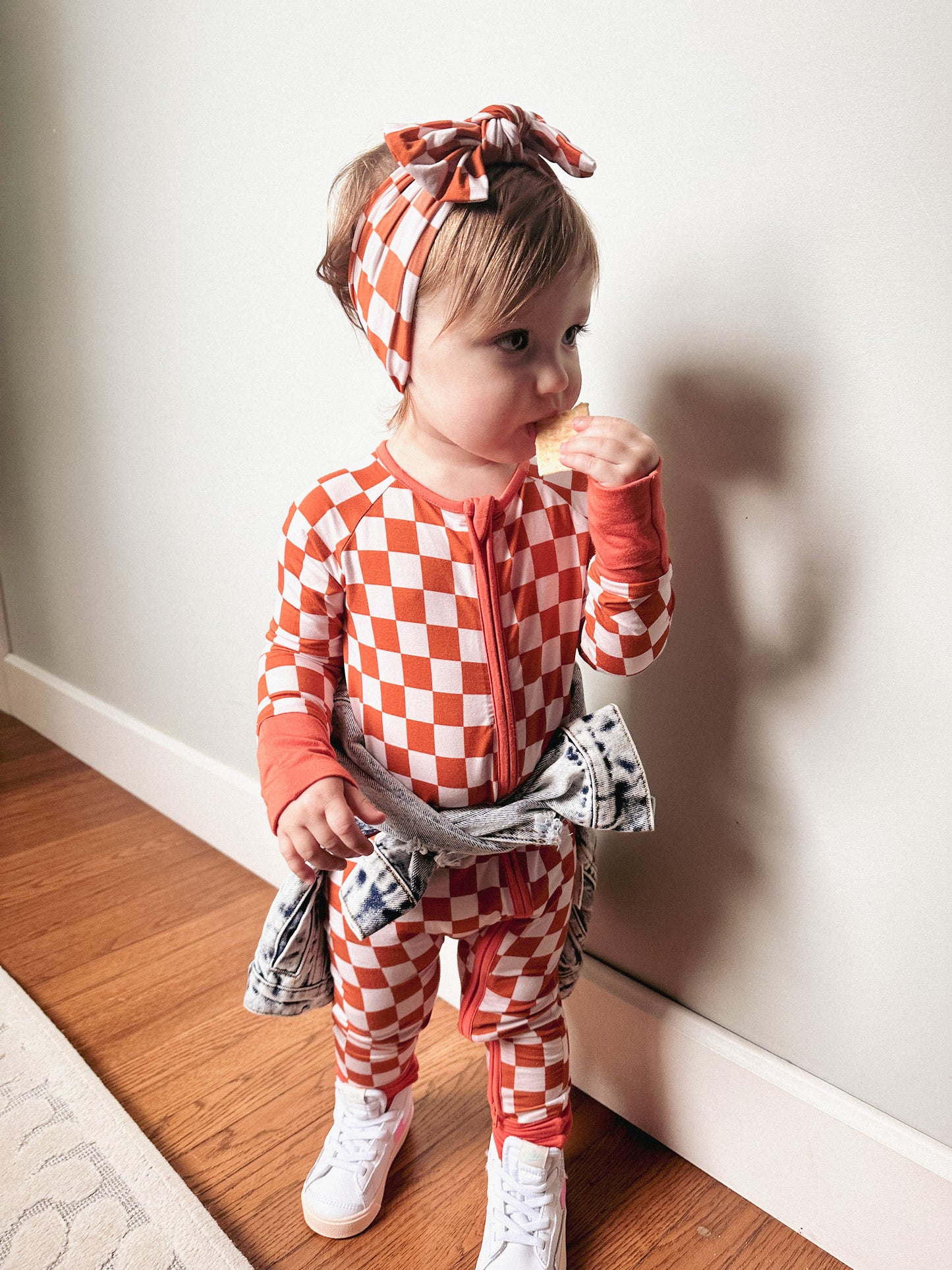 Pink Rust Check Bamboo Romper - Aspen and James Label