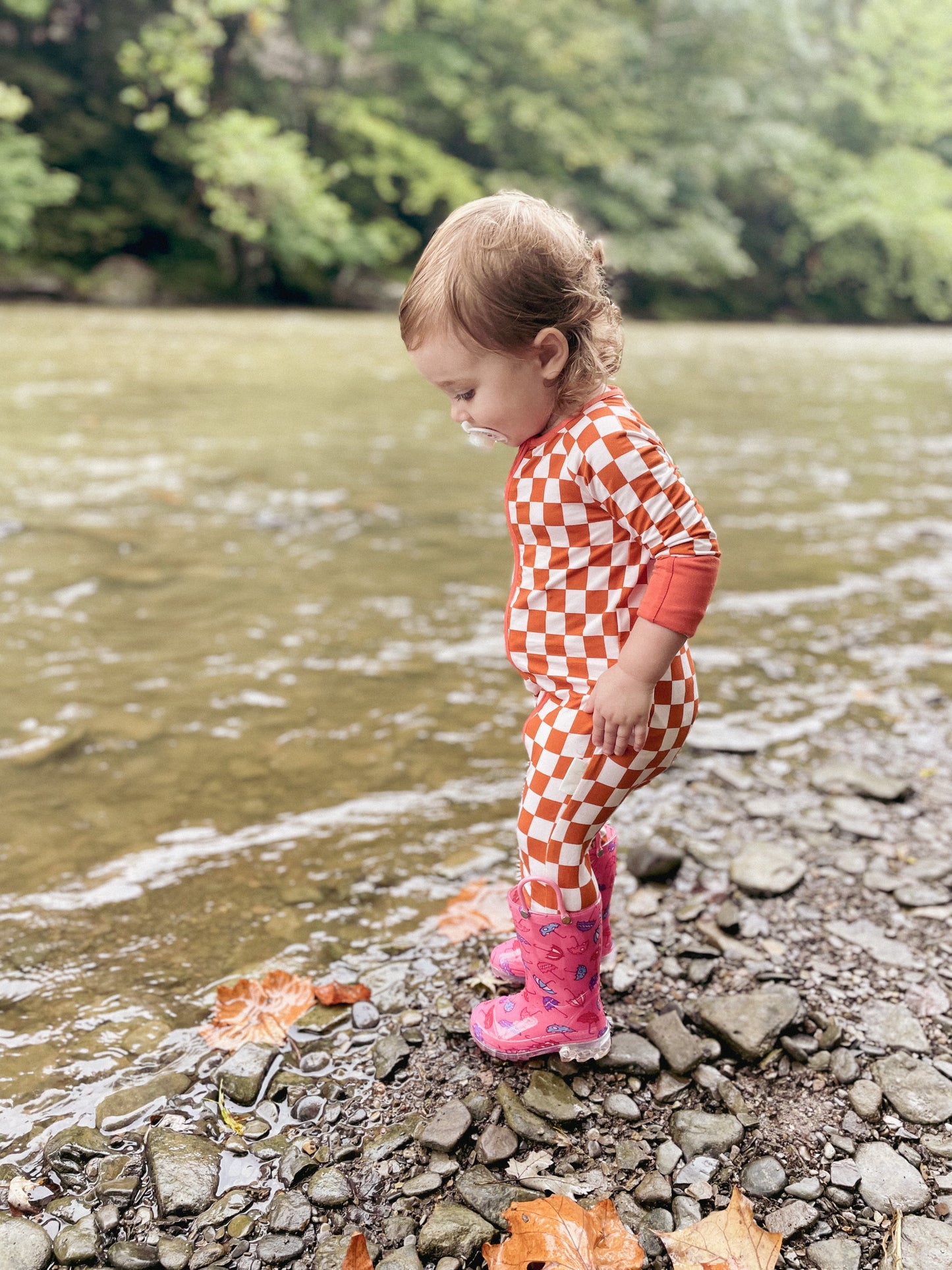 Pink Rust Check Bamboo Romper - Aspen and James Label
