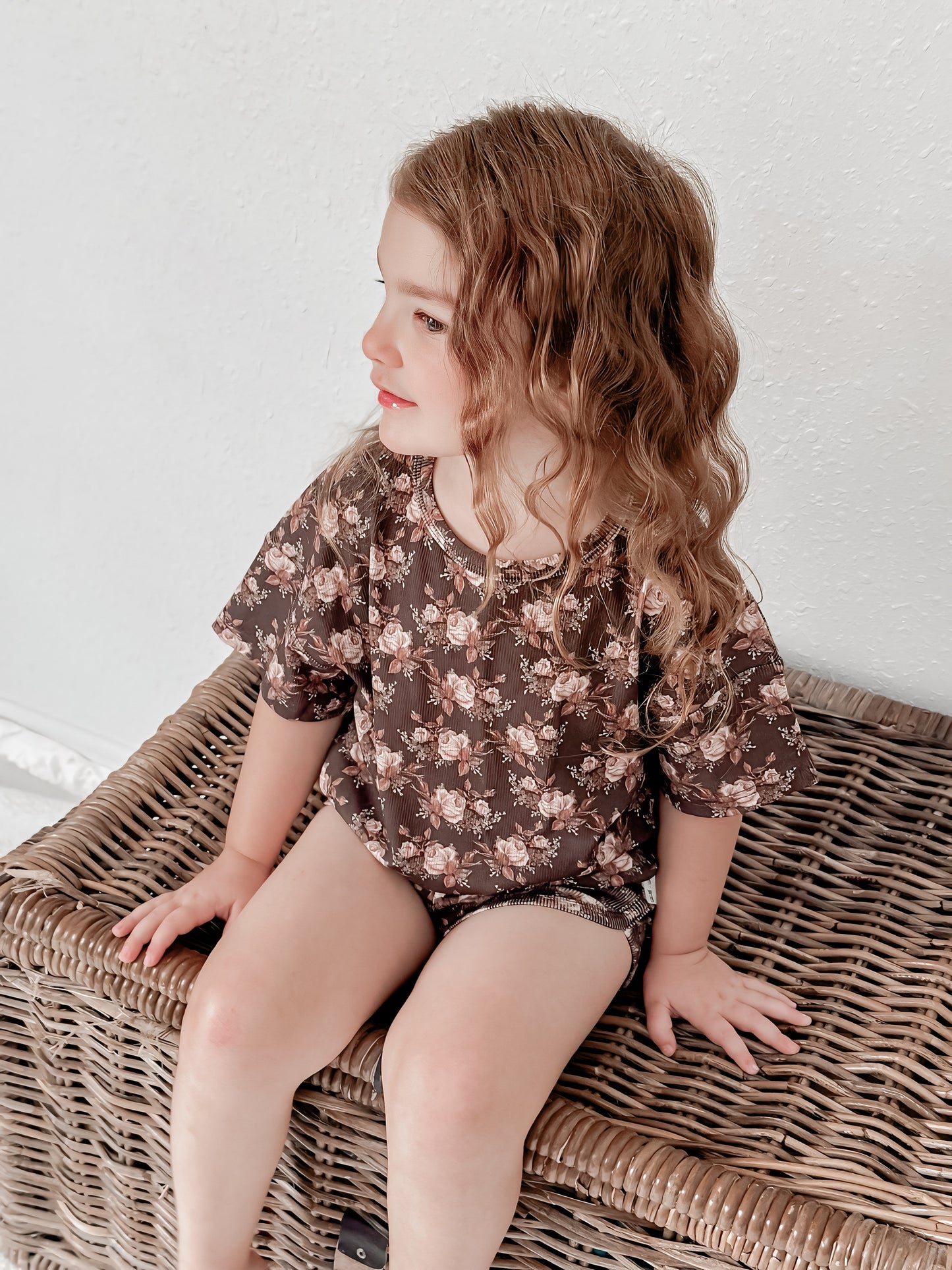 Ribbed Bamboo Track Short Set - Neutral Boho Floral