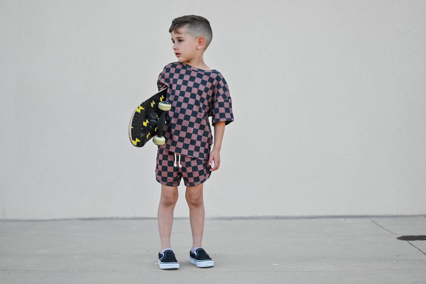Ribbed Bamboo Track Short Set - Black x Brown Check