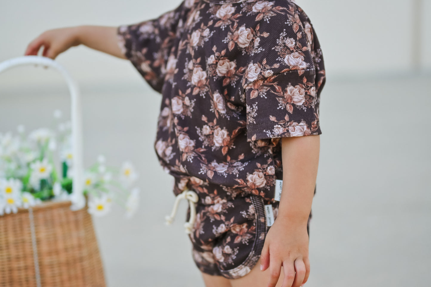 Ribbed Bamboo Track Short Set - Neutral Boho Floral