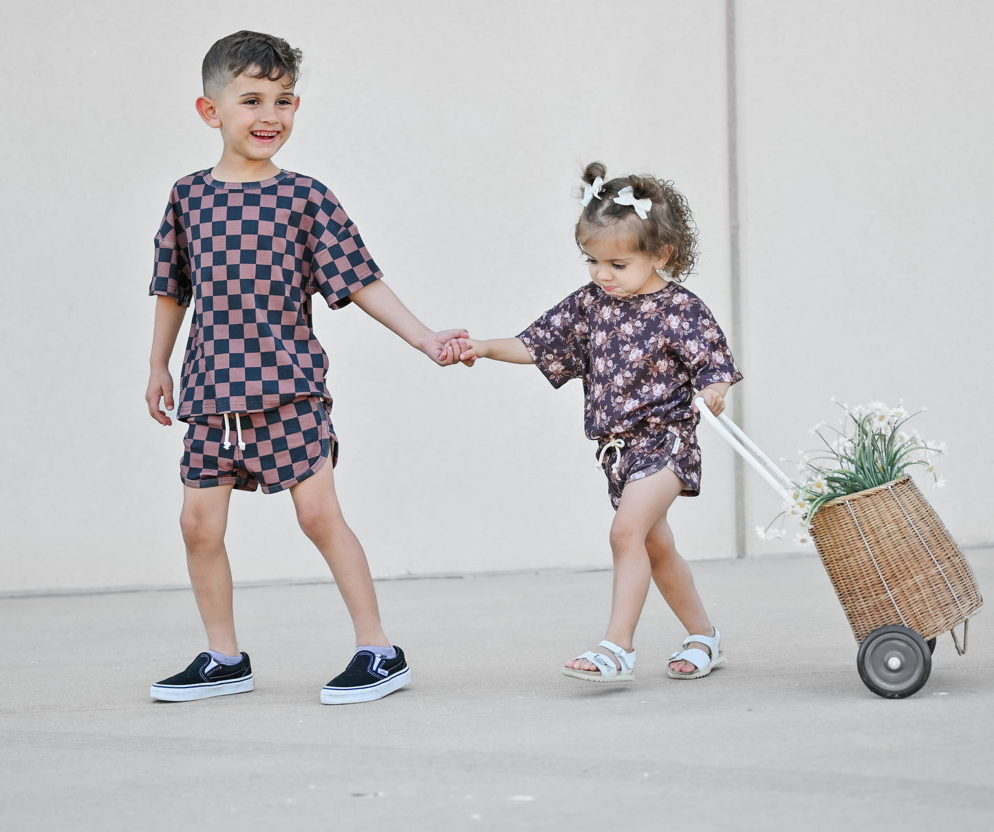 Ribbed Bamboo Track Short Set - Neutral Boho Floral