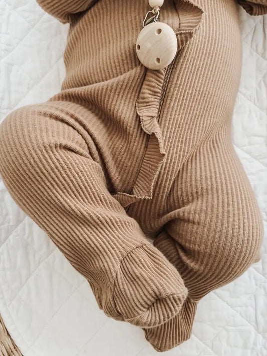Thick-Rib Ruffle Footed Onesie - Cappuccino