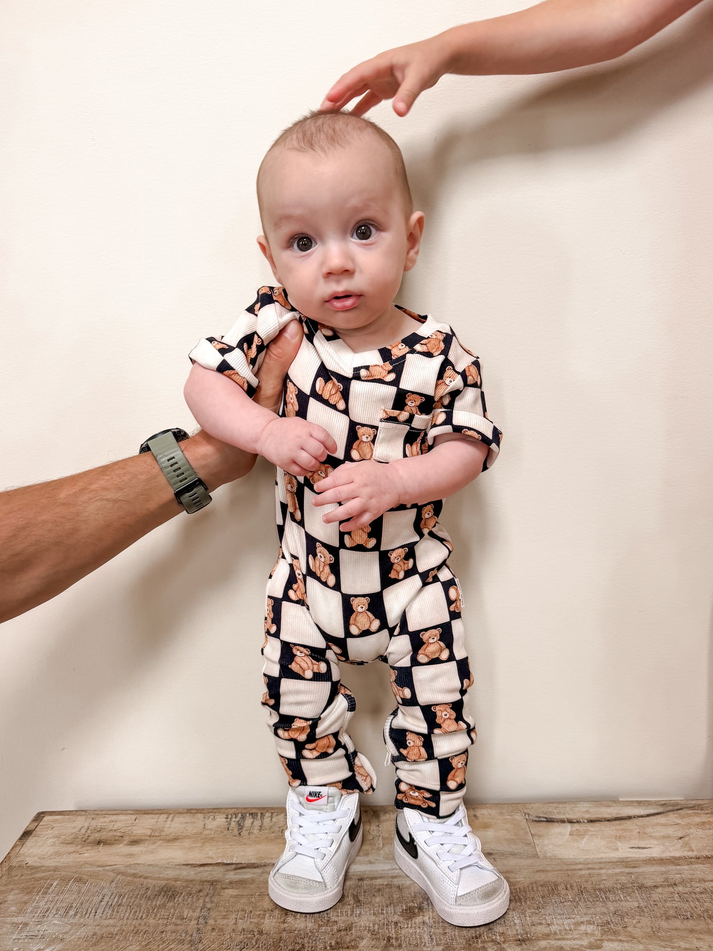 Ribbed V-Neck Romper - Black Bear Checker