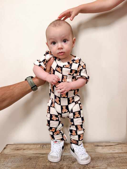 Ribbed V-Neck Romper - Black Bear Checker