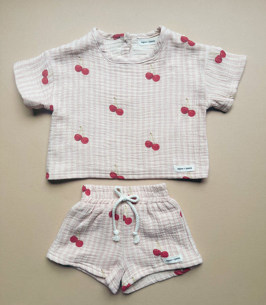 100% Muslin Cotton Short Set - So Cherry Cute