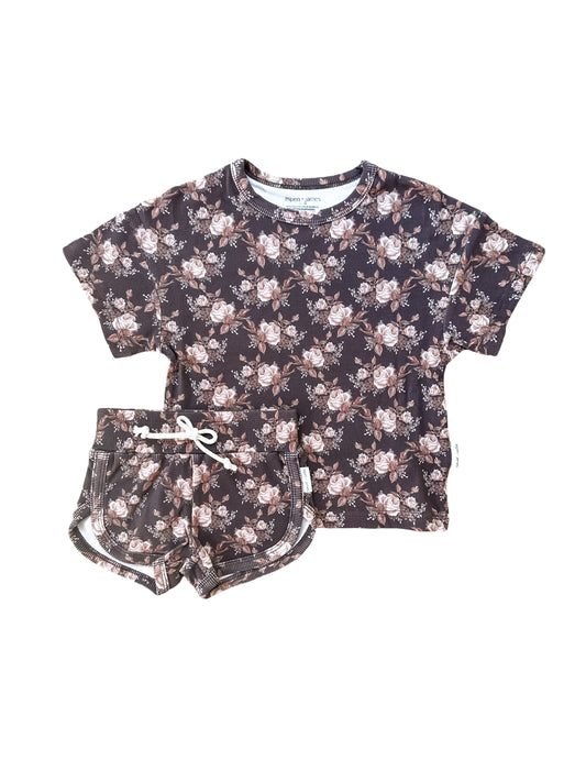Ribbed Bamboo Track Short Set - Neutral Boho Floral