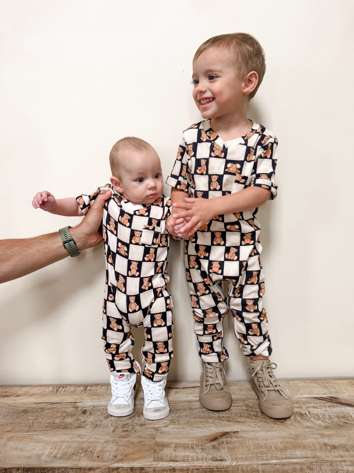 Ribbed V-Neck Romper - Black Bear Checker