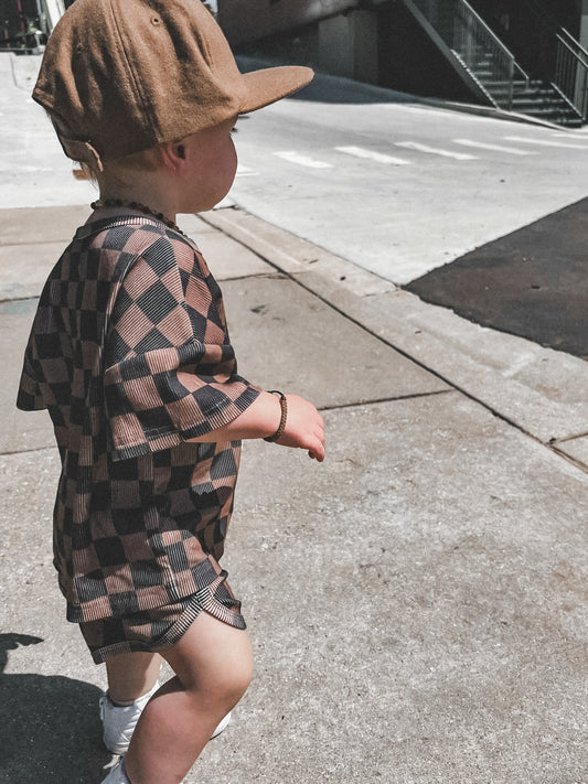 Ribbed Bamboo Track Short Set - Black x Brown Check