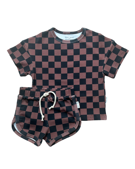 Ribbed Bamboo Track Short Set - Black x Brown Check