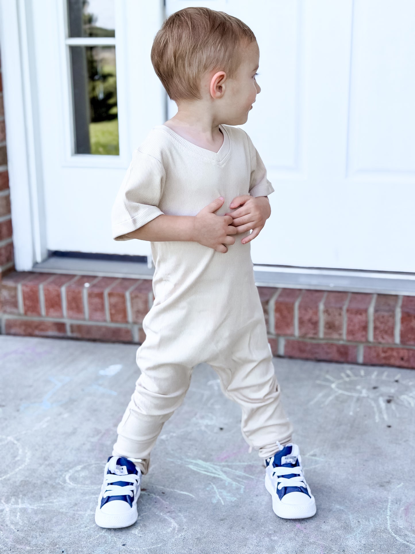 Ribbed V-Neck Romper - Neutral