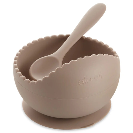 Silicone Suction Bowl and Spoon Set - Scalloped Taupe