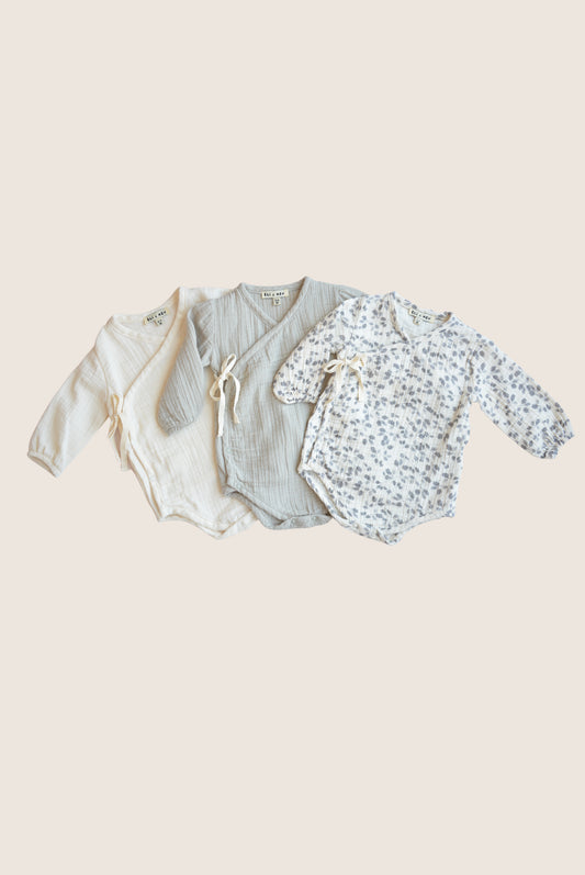 Muslin Surplice Baby Bodysuit, Leaves Pattern